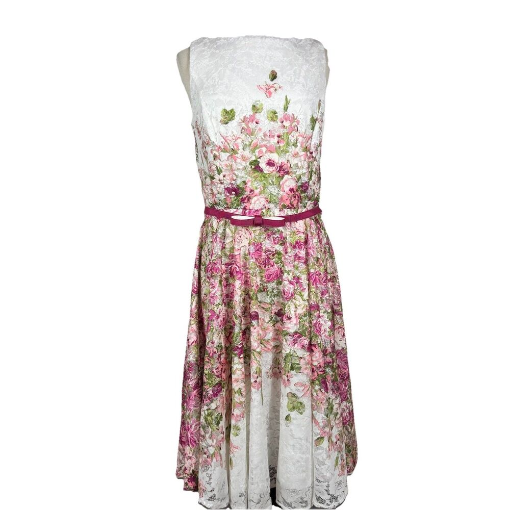 Danny & Nicole Floral Sleeveless Fit & Flare Dress 10 Pink Ivory Lace NWT - Picture 2 of 10